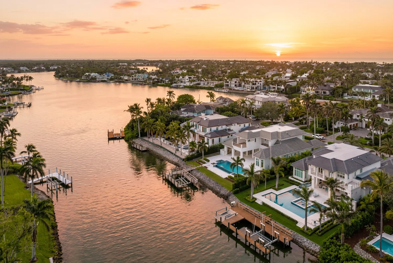 Aerial view of waterfront homes in Port Royal, Naples